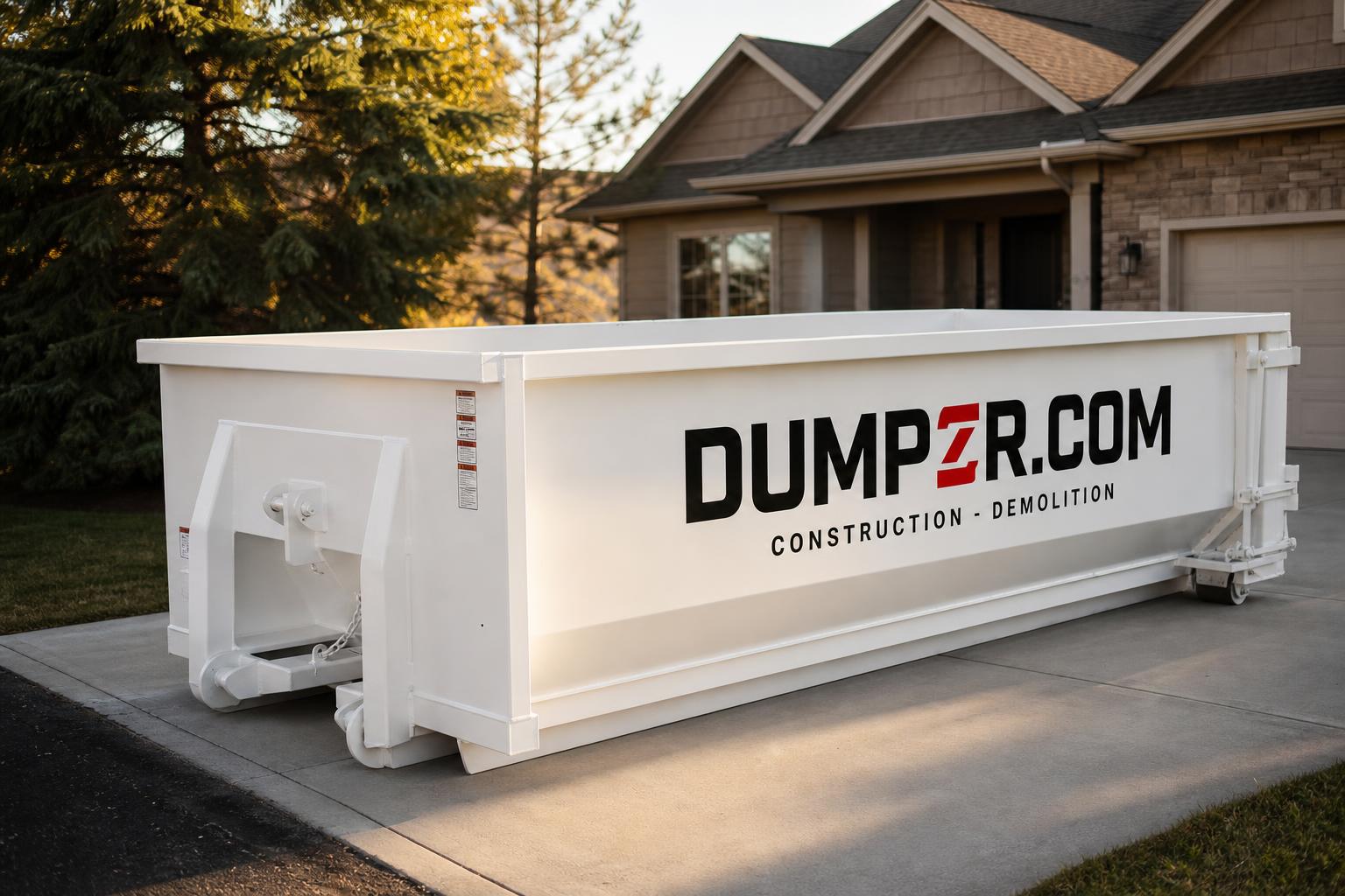 White Dumpzr roll-off dumpster filled with construction debris on a Rochester MN driveway